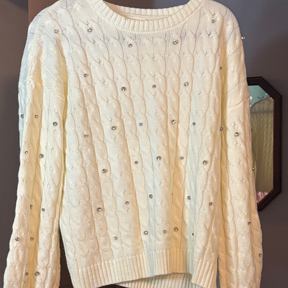 Better Be Sweaters - Better Be Cream Cable Knit Sweater with Embellishments Size Large